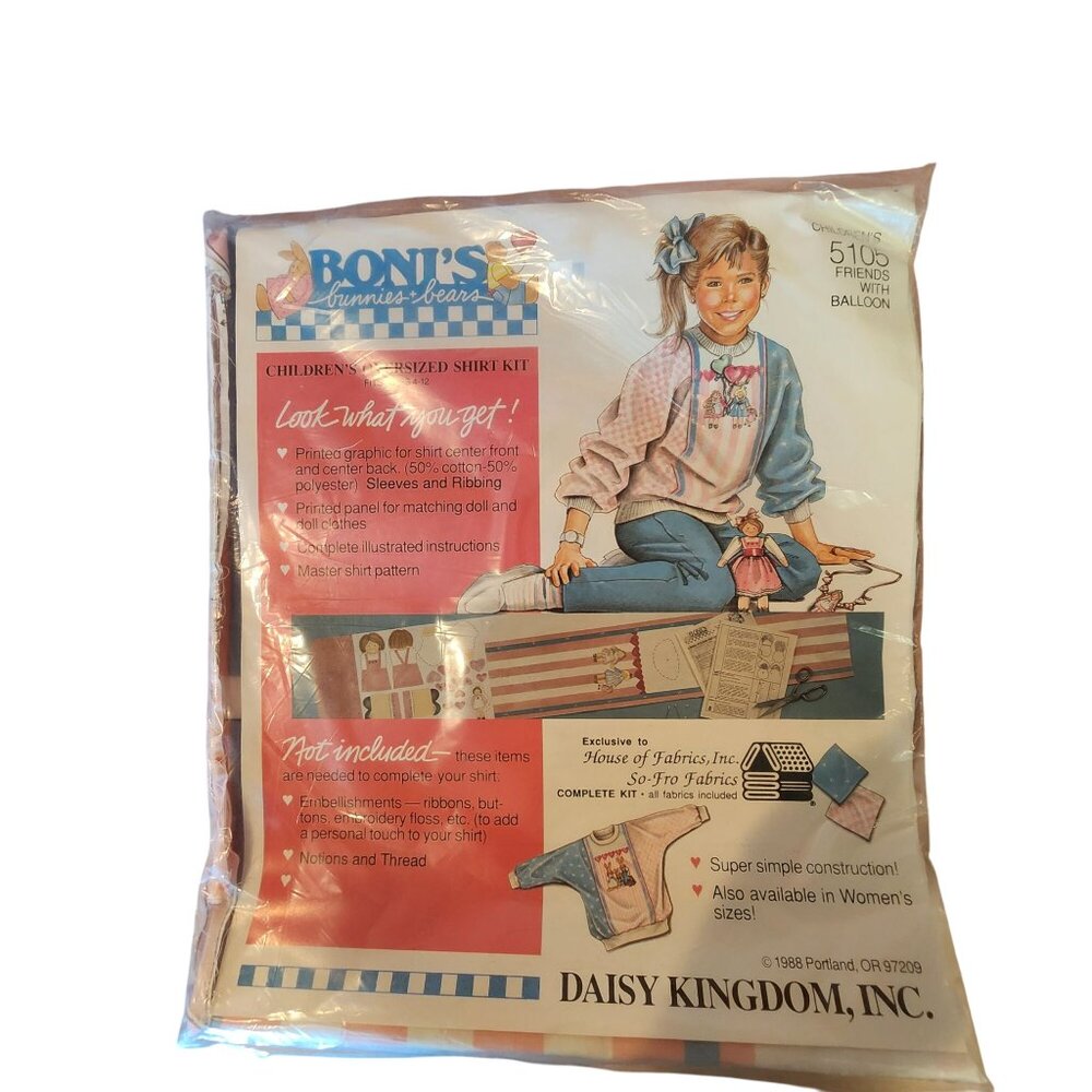 Vintage 1988 Daisy Kingdom Boni's Bunnies & Bears Children's Oversized Shirt Kit